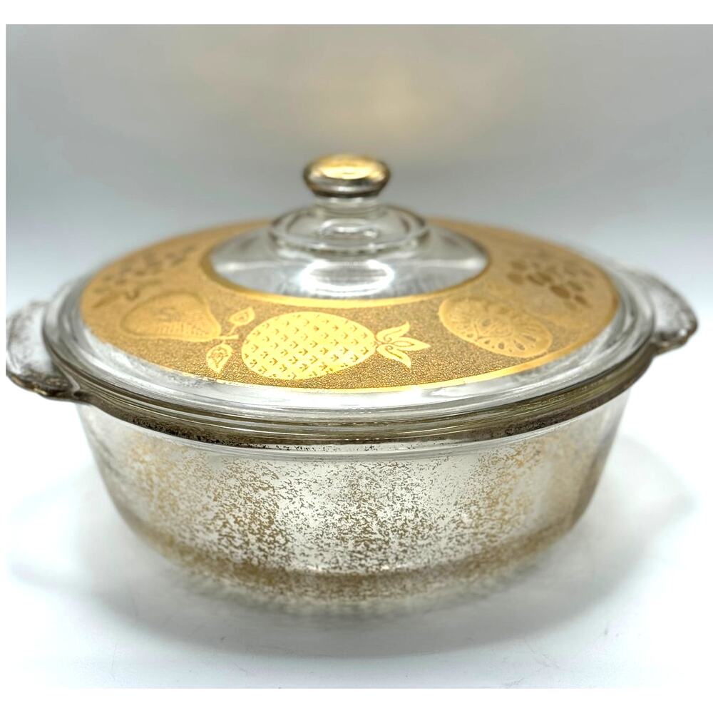 Vintage Fire-King Anchor Hocking Gold Fruit Glass 2 QT Casserole Dish USA - Picture 9 of 9